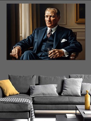 Artmeg Atatürk Takım Elbiseli Karizmatik Portre Dekoratif Kanvas - Mdf Ahşap Tablo