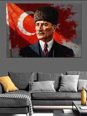 Artmeg Bayrak Önünde Atatürk Portre Sanatı Dekoratif Kanvas - Mdf Ahşap Tablo