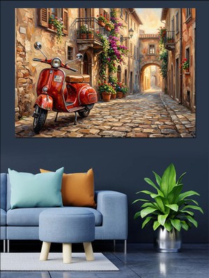 Artmeg Italyan Sokağı ve Kırmızı Vespa Dekoratif Kanvas - Mdf Ahşap Tablo