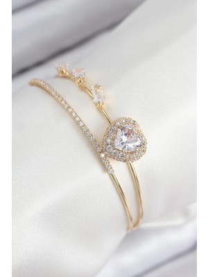 Mey Ithalat® Pirinç Zirkon Taşlı Kalp Model Gold Renk Kadın Bileklik