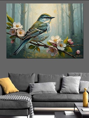 Tablomega Çiçekli Dalda Öten Renkli Kuş Dekoratif Kanvas - Mdf Ahşap Tablo