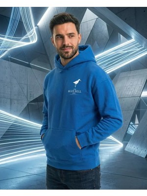 Uslucan Alışveriş Erkek Kapüşonlu Double Oversize Üç Iplik Pamuklu Deniz Yelken Baskılı Kanguru - Saks Mavisi