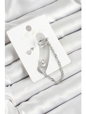 Mey Ithalat® Pirinç Ok Figürlü Zirkon Taşlı Gümüş Renk 3'lü Kıkırdak Kadın Küpe Set