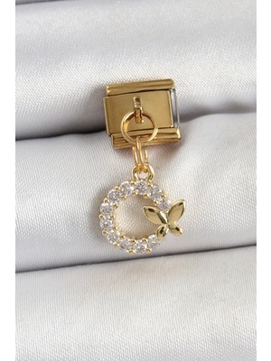 Mey Ithalat® 316L Çelik Sallantılı Zirkon Taşlı Kelebek Detaylı Halka Model Gold Renk Nomination Charm