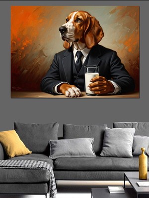 Tablomega Takım Elbiseli Süt Içen Köpek Dekoratif Kanvas - Mdf Ahşap Tablo
