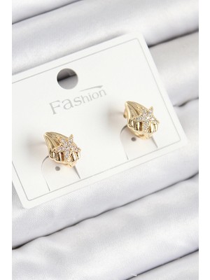 Mey Ithalat® Pirinç Zirkon Taşlı Yıldız Model Gold Renk Çocuk Küpe