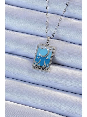 Mey Ithalat® 316L Çelik Zincir Gümüş Renk Mavi Mineli Ay Figür Tarot Kolye