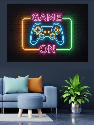 Tablomega Neon Işıklı Game On Yazısı Dekoratif Kanvas - Mdf Ahşap Tablo