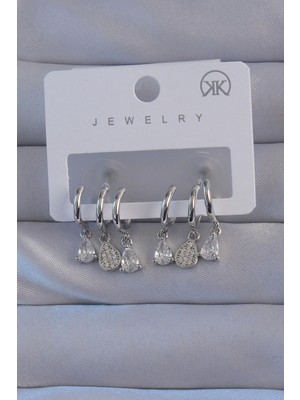 Mey Ithalat® Pirinç Gümüş Renk Zirkon Taşlı Damla Model Çoklu Görünüm Yarım Halka Küpe