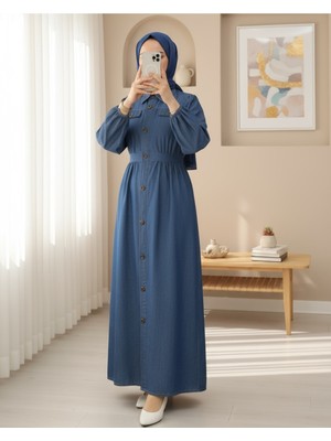 Modamorfo Kolu Lastikli Boydan Düğmeli Çift Cepli Kot Elbise  -Mavi