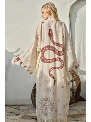 Fashion Cocktail Yılan Astroloji Yıldız Haritası Püsküllü Doğal Kumaşlı Bohem Sahil Kimono