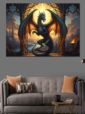 Artmeg Şato Kapısında Kanatlı Siyah Ejderha Dekoratif Kanvas - Mdf Ahşap Tablo
