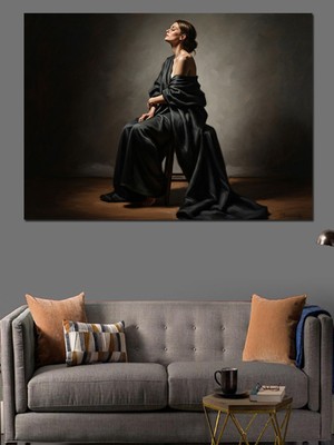 Artmeg Siyah Elbiseli Zarif Kadın Portresi Dekoratif Kanvas - Mdf Ahşap Tablo