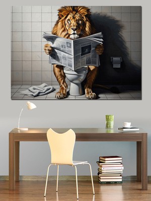 Tablomega Tuvalette Gazete Okuyan Heybetli Aslan Dekoratif Kanvas - Mdf Ahşap Tablo