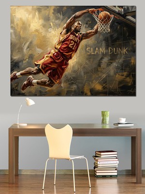 Artmeg Basketbol Sahasında Sıçrayan Oyuncu Dekoratif Kanvas - Mdf Ahşap Tablo