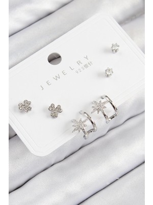 Mey Ithalat® Pirinç Zirkon Taşlı Kutup Yıldızı Model Gümüş Renk 925 Ayar Gümüş Çivi Kadın Küpe Set