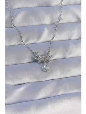 Mey Ithalat® 316L Çelik Zincirli Gümüş Renk Zirkon Taşlı Damla Detay Fiyonk Model Kolye