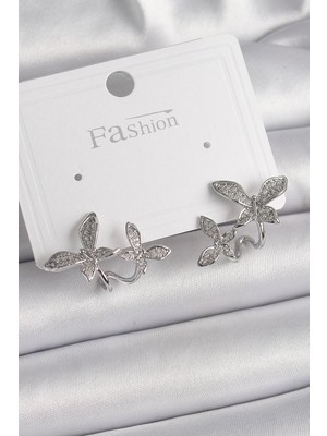 Mey Ithalat® Pirinç Gümüş Renk Zirkon Taşlı Kelebek Model Kadın Küpe