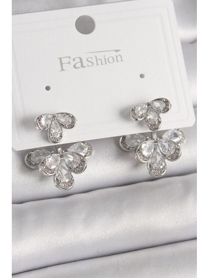 Mey Ithalat® Pirinç Gümüş Renk Zirkon Taşlı Damla Model Kadın Küpe