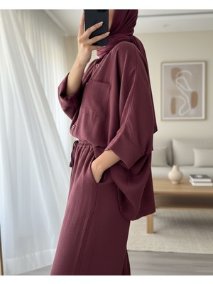 Modamorfo Çift Cepli Yarım Yarasa Kol Salaş Gömlek Takım  -Bordo