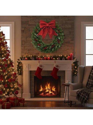 Büyük ve Kaliteli Kırmızı Simli Eva Fiyonk Dekor Yılbaşı Çam Ağacı Duvar Süsü 60 x 65CM