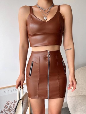 Colezium Üç Fermuarlı Deri Etek Kahve