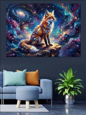 Artmeg Galaksi Renklerinde Oturan Tilki Figürü Dekoratif Kanvas - Mdf Ahşap Tablo