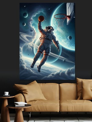 Artmeg Uzayda Basketbol Oynayan Astronot Figürü Dekoratif Kanvas - Mdf Ahşap Tablo