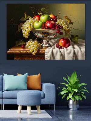 Artmeg Gümüş Tabakta Taze Meyve Natürmort Dekoratif Kanvas - Mdf Ahşap Tablo