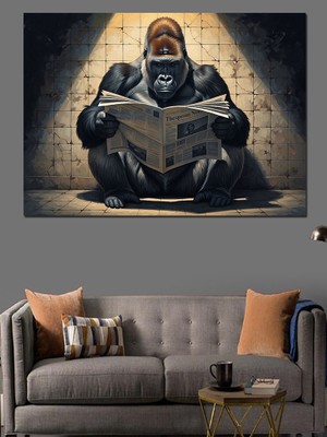 Tablomega Gazete Okuyan Karizmatik Goril Portresi Dekoratif Kanvas - Mdf Ahşap Tablo