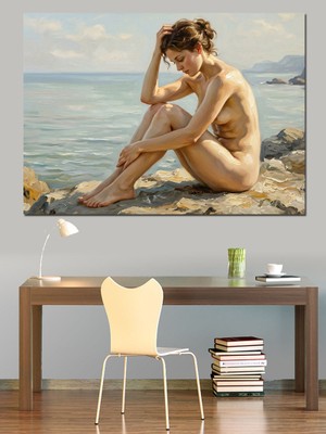 Tablomega Sahilde Oturan Çıplak Kadın Silüeti Dekoratif Kanvas - Mdf Ahşap Tablo