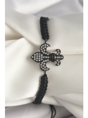 Mey Ithalat® Pirinç Siyah Renk Zirkon Taşlı Zambak Figür Asansörlü Makrome Model Kadın Bileklik