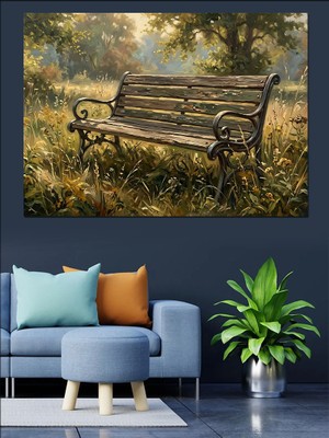 Artmeg Bahçede Duran Boş Ahşap Bank Dekoratif Kanvas - Mdf Ahşap Tablo