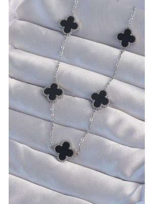 Mey Ithalat® 316L Çelik Gümüş Renk Siyah Mineli Yonca Kolye