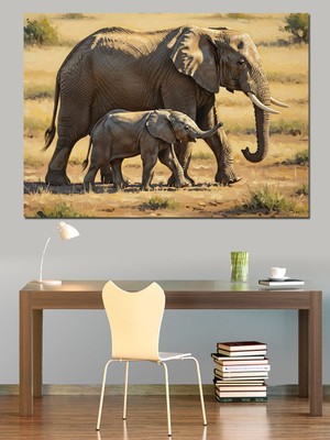Artmeg Anne Fil ve Yavru Fil Dekoratif Kanvas - Mdf Ahşap Tablo