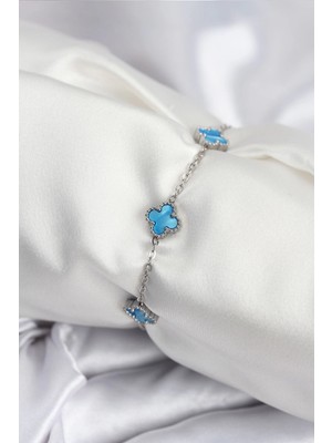 Mey Ithalat® 316L Çelik Gümüş Renk Buz Mavisi Baby Boy Yonca Kadın Bileklik