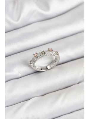 Mey Ithalat® Pirinç Gümüş Renk Zirkon Taşlı Vintage Kadın Yüzük