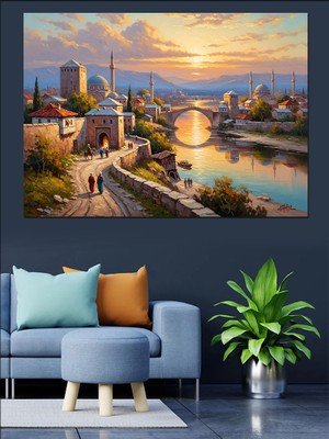 Artmeg Tarihi Köprü ve Şehir Manzarası Dekoratif Kanvas - Mdf Ahşap Tablo