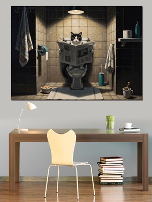 Artmeg Gazete Okuyan Kedi Banyo Tablosu Dekoratif Kanvas - Mdf Ahşap Tablo