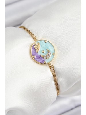 Mey Ithalat® 316L Çelik Zincir Mineli Sanatsal Portre Zirkon Taşlı Gezegen Model Gold Renk Kadın Bileklik