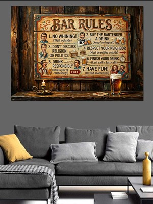Artmeg Bar Kuralları Nostaljik Ahşap Tabela Dekoratif Kanvas - Mdf Ahşap Tablo