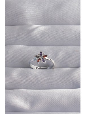 Mey Ithalat® Pirinç Gümüş Renk Renkli Zirkon Taşlı Ayarlamalı Yüzük