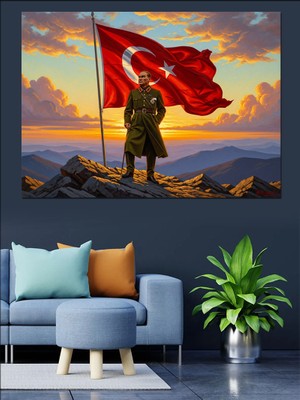 Tablomega Türk Bayrağı ve Asker Portresi Dekoratif Kanvas - Mdf Ahşap Tablo