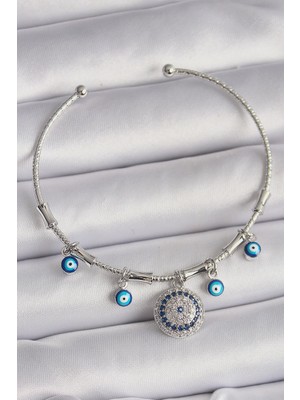 Mey Ithalat® Pirinç Gümüş Renk Sallantı Zirkon Taşlı Nazar Boncuk Figür Charm Bileklik