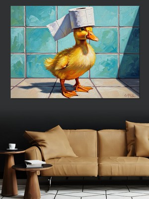 Tablomega Tuvalette Şapkalı Komik Ördek Yavrusu Dekoratif Kanvas - Mdf Ahşap Tablo