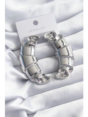 Mey Ithalat® Pirinç Gümüş Renk Kruvasan Model Kadın Küpe