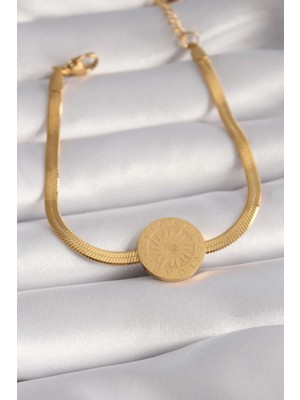 Mey Ithalat® 316L Çelik Gold Renk Italyan Zincir Model Işlemeli Madalyon Figür Kadın Bileklik