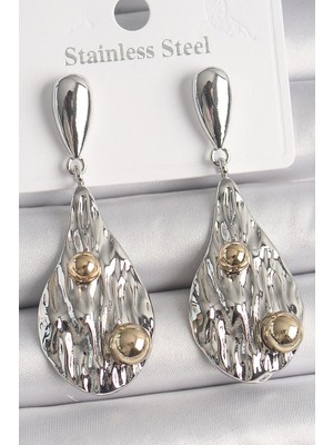 Mey Ithalat® Pirinç Gümüş Renk Sallantı Damla Model Gold Topçuk Detay Kadın Küpe