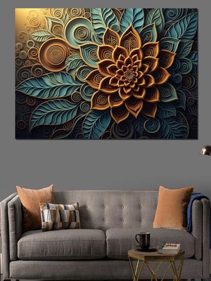 Artmeg Mandala Desenli Altın Çiçek Motifleri Dekoratif Kanvas - Mdf Ahşap Tablo