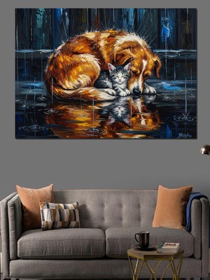 Artmeg Yağmurlu Havada Uyumaya Çalışan Köpek ve Kedi Dekoratif Kanvas - Mdf Ahşap Tablo